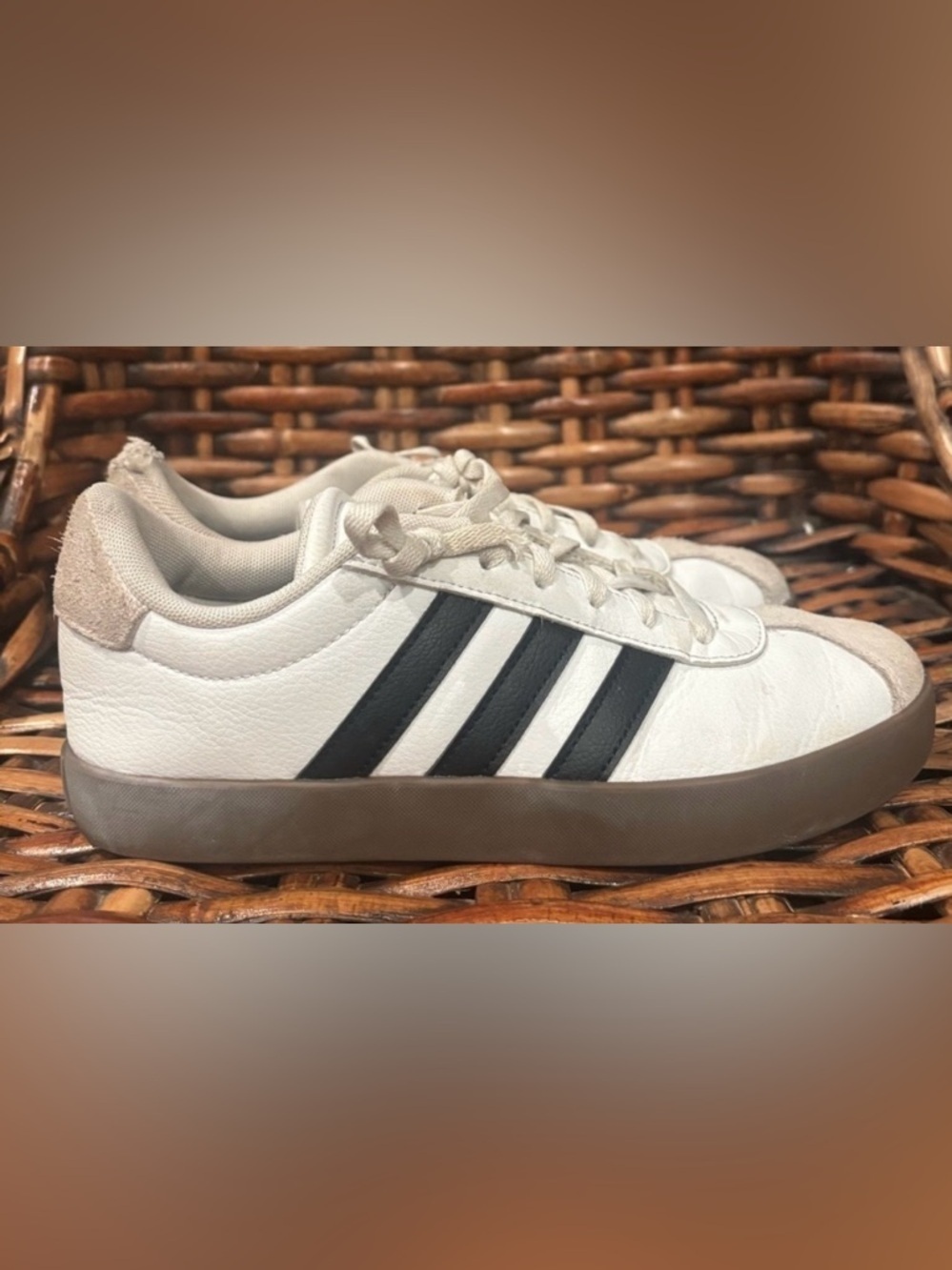 Adidas VL Court 3.0 sneaker in white with black stripes and a gum sole.